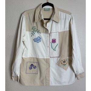 Vintage Large Embroidered Patchwork Floral Butterfly Button Up Shirt Blouse Boho